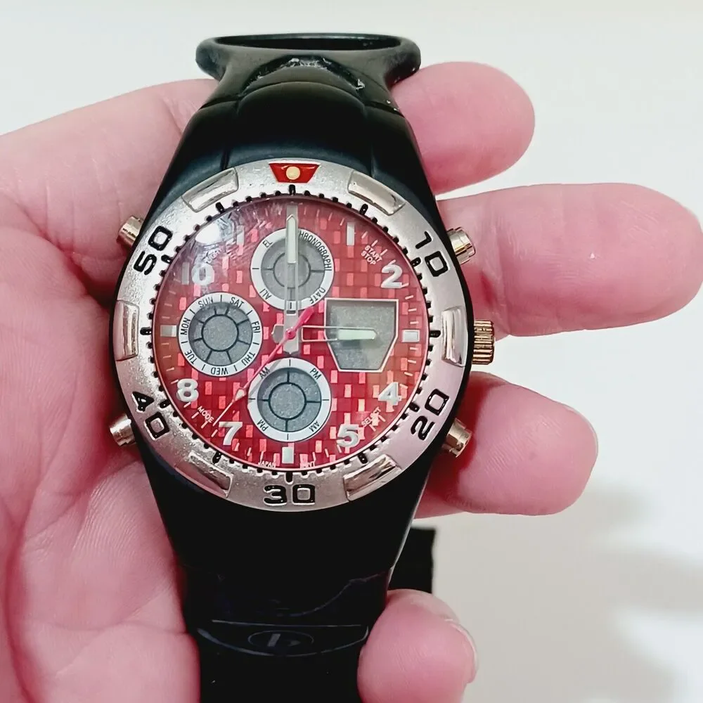 Vtg BUM Equipment Mens Sport Watch Black Red Hook Loop Band NEEDS BATTERY